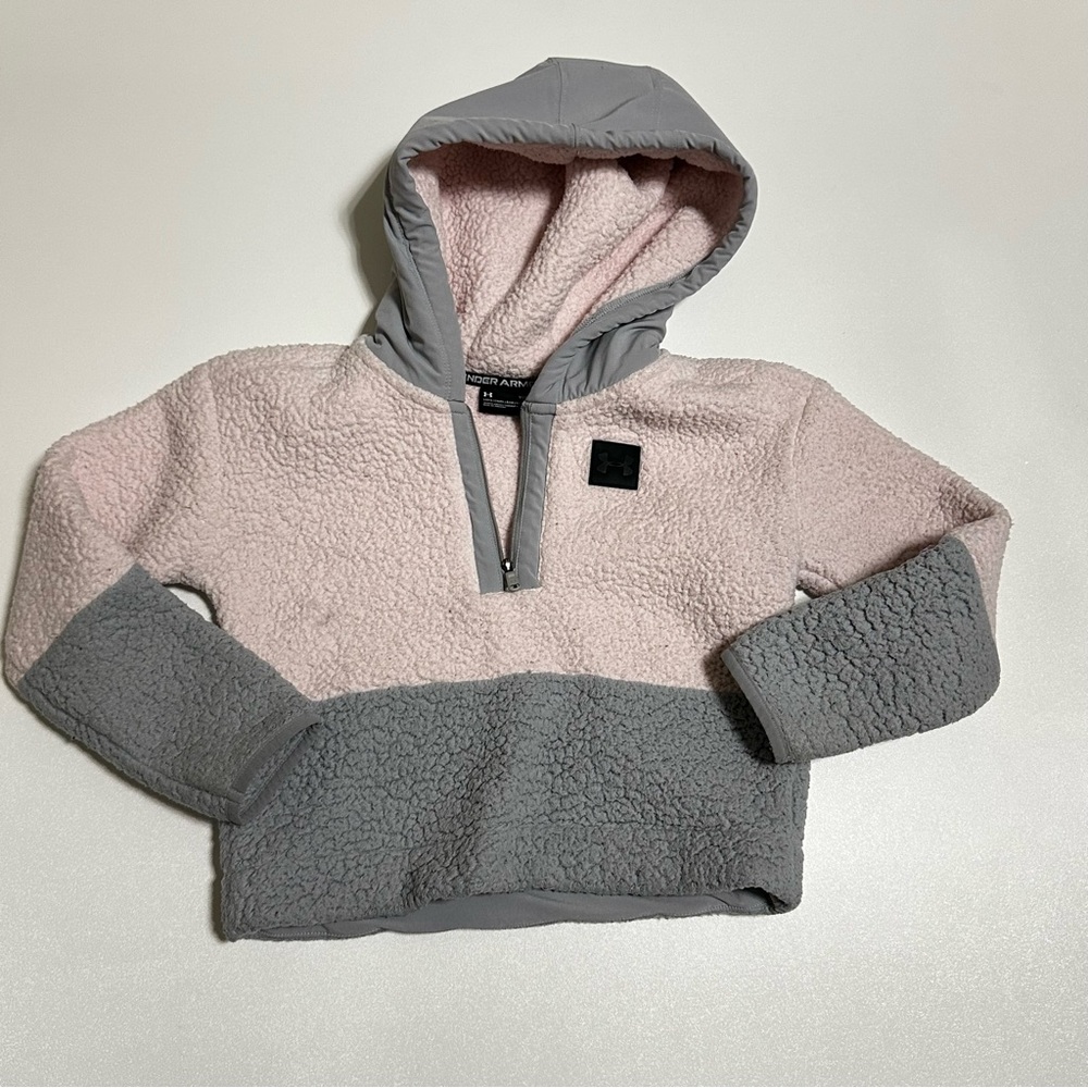 Under Armour Pullover Sherpa Jacket Size Youth Small Pink Gray Girls Athleisure